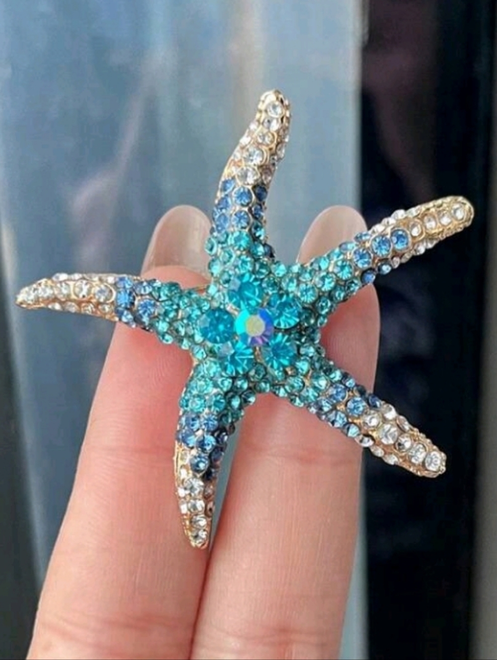 Blue Starfish Rhinestone Brooch Pin - Picture 3 of 5